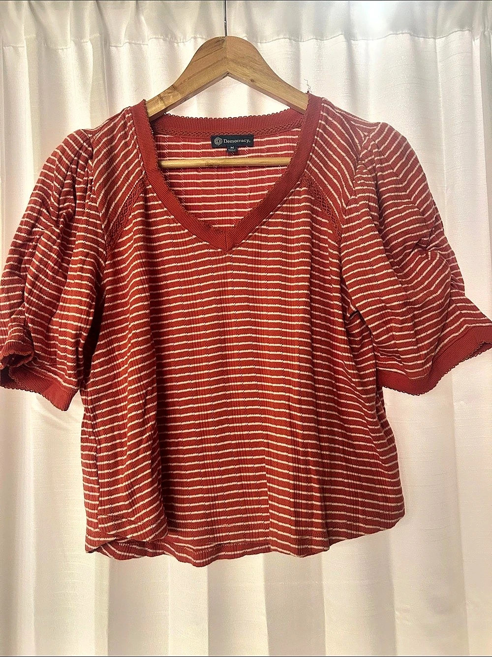 Democracy Elbow Puff Sleeve Picot V-Neck Crochet Detail Knit Top Crochet Detail